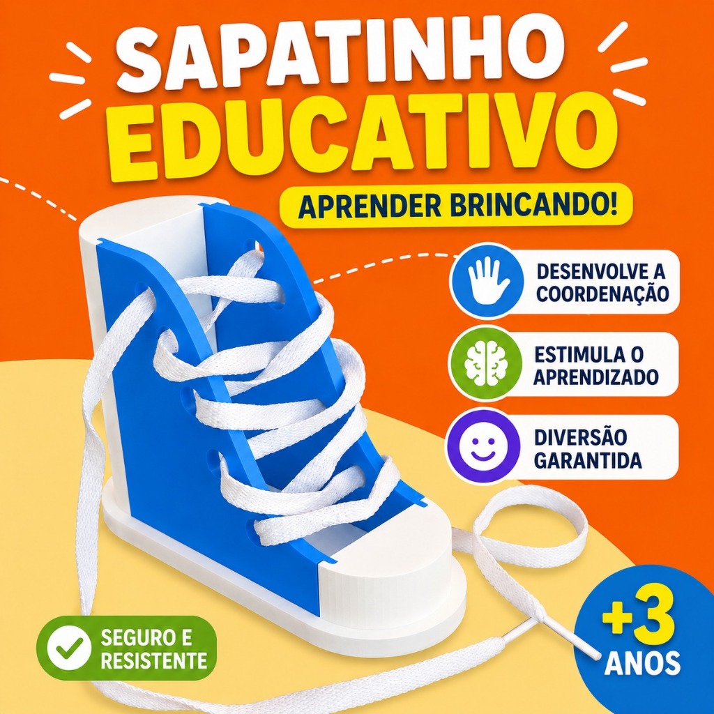 Tênis da Autonomia Sapatinho Educativo de Amarrar – Brinquedo Pedagógico Infantil