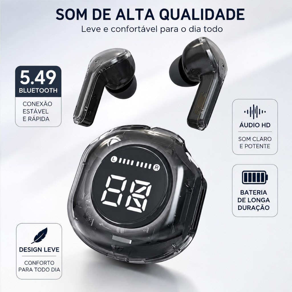 Fone Bluetooth Sem Fio Bluetooth 5.4 Display LED Áudio HiFi Baixa Latência Compatível