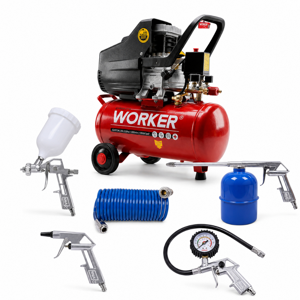 Kit Motocompressor Ar 20L Worker 1.5HP 220V + Kit Pistola Pintura Kala 5 Peças