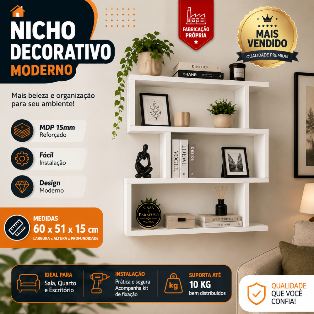 Nicho Decorativo de Parede Moderno- Quarto- Sala- Escritorio- 112