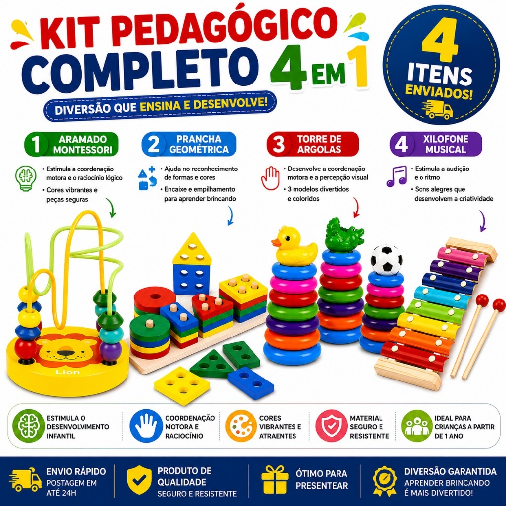 Kit Brinquedos Educativos Pedagógico 4 em 1 Infantil Montessori Xilofone Madeira Bebê Menino Menina