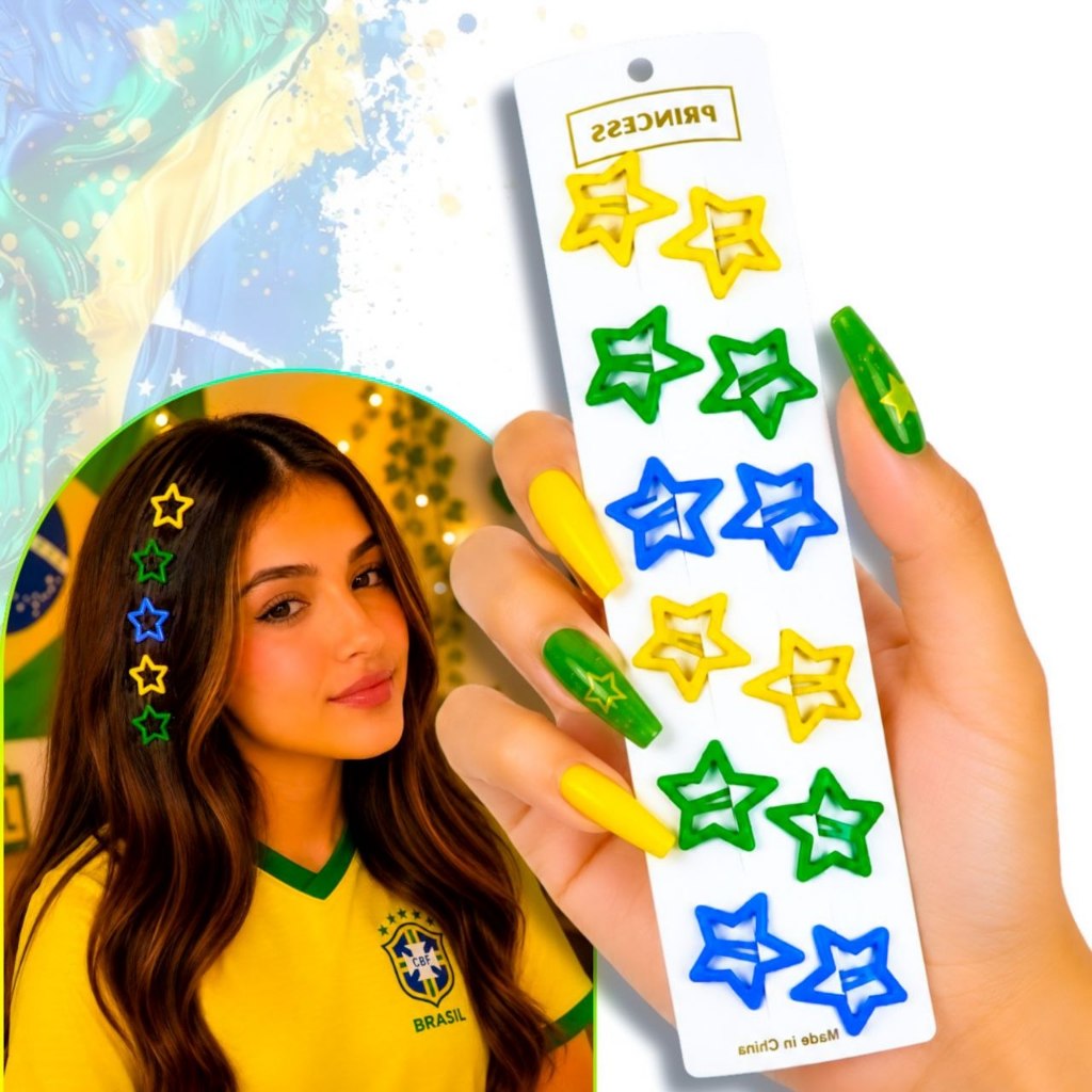 Presilha Tic Tac Estrela Brasil kit 12 estrelas Verde Amarelo Azul Copa Do Mundo Feminina Penteado par copa