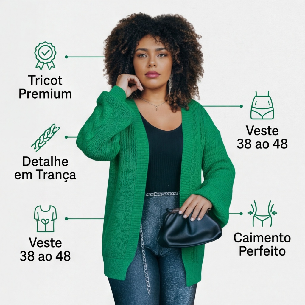 Cardigan Feminino Casaco Aberto Tricot  Outono Inverno Detalhes em Trança Tricô Cardigã