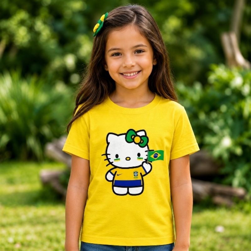 Camisa Camisinha Camiseta Infantil Hello Kitty Brasil Copa Menina Algodão Moda Conforto Envio Rápido