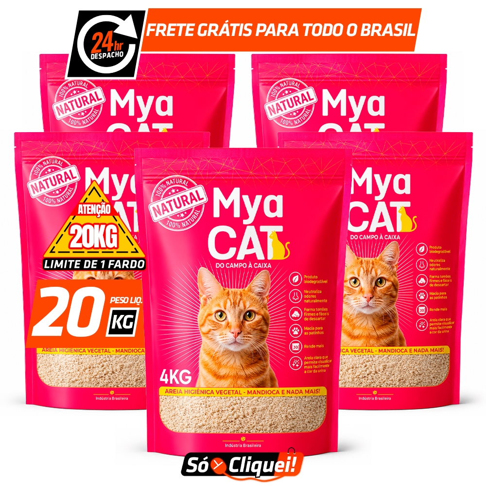 Kit 5 Pacotes Areia Sanitária de Mandioca Mya Cat 20KG Granulado Higiênico de Gato Biodegradável Torrões Firmes