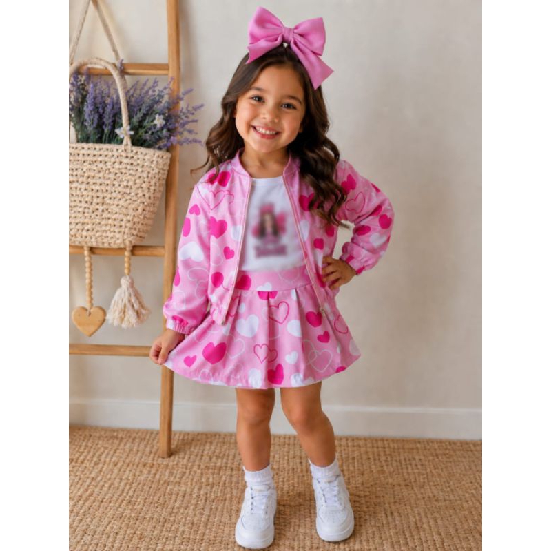 CONJUNTO COM 3 PEÇAS CASACO TOP SHORT SAIA PLISSADA ROUPA DE MENINA MODA INFANTIL