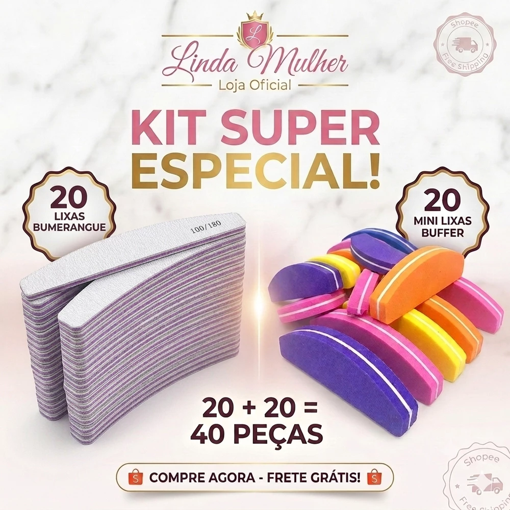 Kit 20 Lixas Bumerangue 100/180 + 20 Lixas Mini Buffer Colorida Profissional Nails Unhas