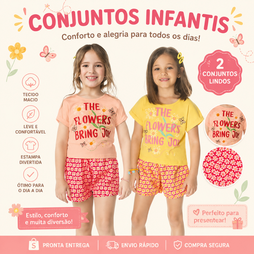 Conjunto Infantil Feminino Rovitex Camiseta Estampada Flowers e Short Floral Verão