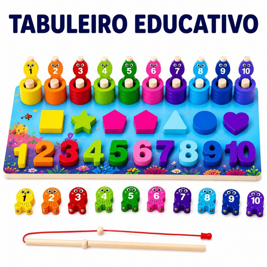 Tabuleiro Educativo Montessori  Madeira 7 em 1 Pescaria Infantil Números Formas e cores