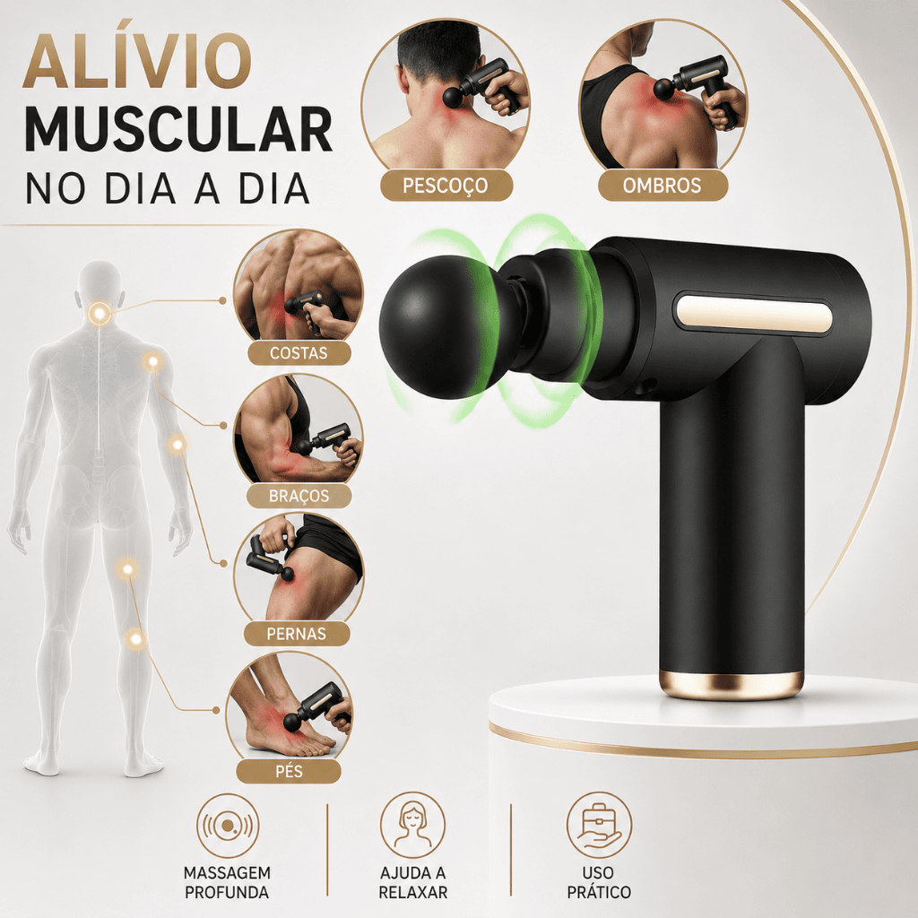 Pistola de Massagem Muscular Portátil Mini, 4 Cabeças de Massagem, Várias Velocidades Silenciosa Recarregável