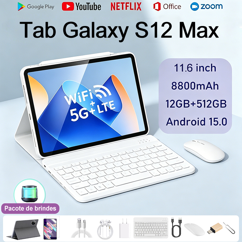 Combo Tablet S12 Max com Teclado e Mouse | 12GB RAM 512GB | Tela 11.6" HD | Bateria 8800mAh | Android 15