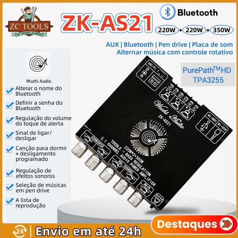 YS-AS21 Módulo Amplificador Digital Bluetooth TPA3255 com Subwoofer de Tons Altos e Baixos 220WX2+350W