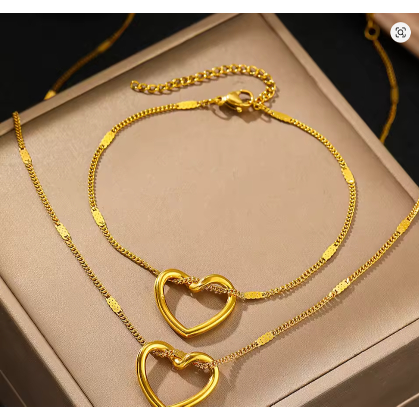 Conjunto Colar e Pulseira Feminino Coração Aço Inoxidável Dourado Antialérgico