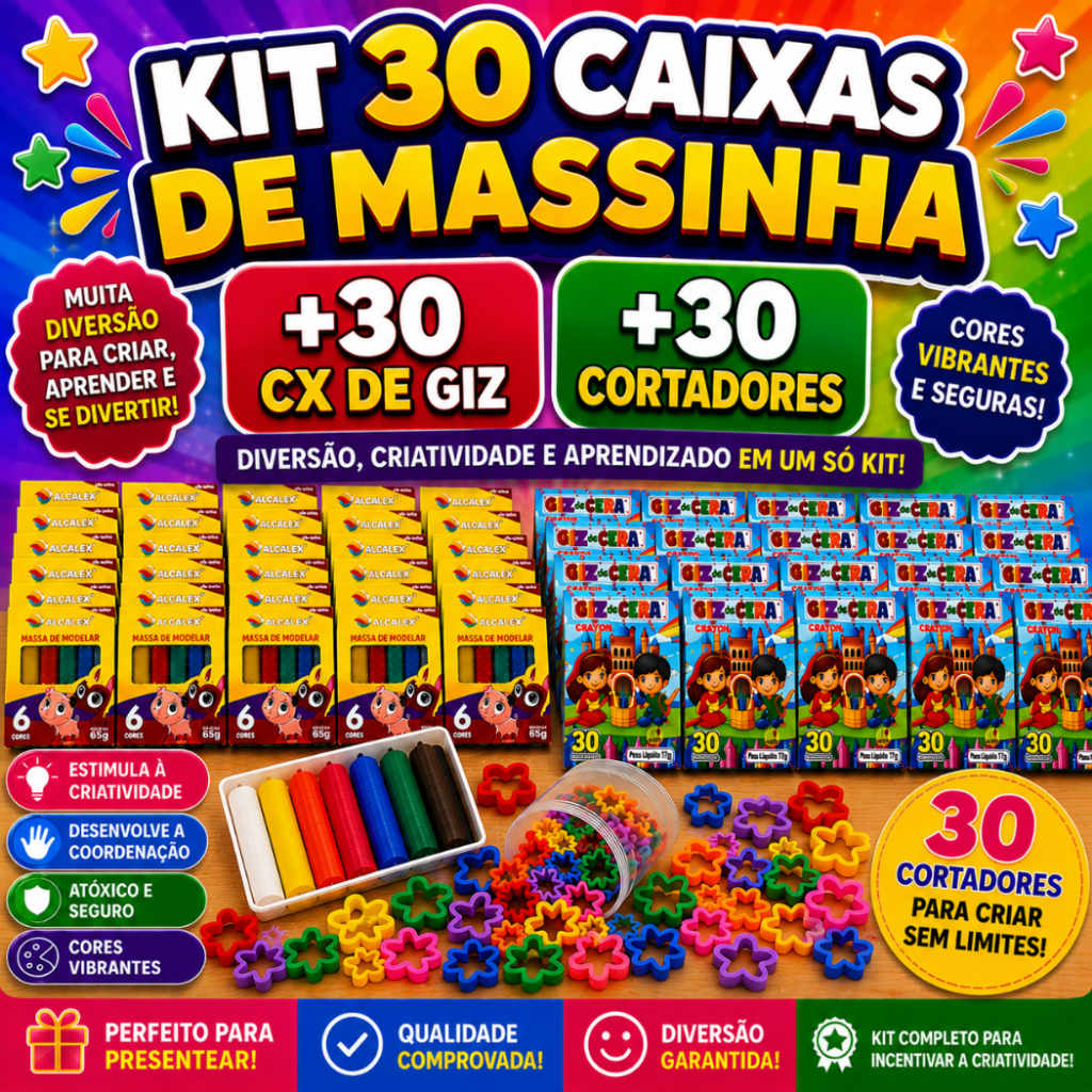 30 Cx Massinha de Modelar + 30 Cx Giz de Cera + 30 Cortadores de Massinha Molde p/ Kit Festa Lembrancinha Infantil