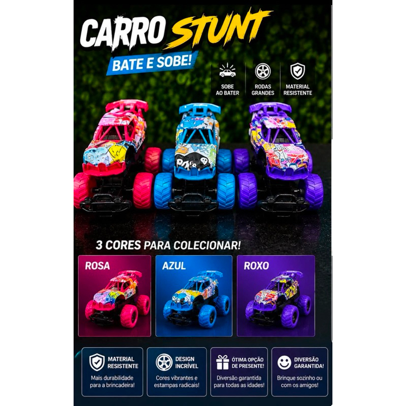 Carrinho Stunt Bate e Sobe Radical 4x4 Com Rodas Grandes - Diversas Cores