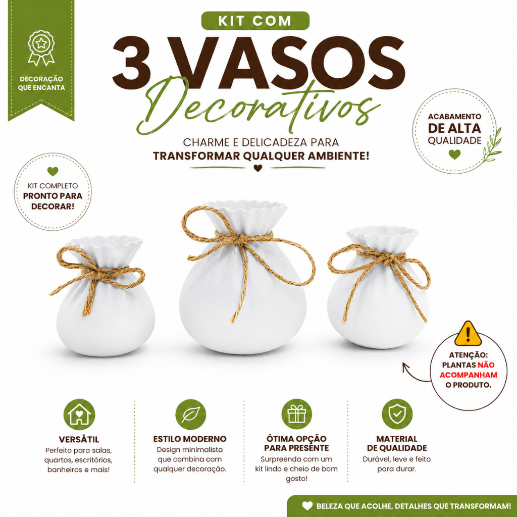 Kit 3 Vasos Decorativos | Decoração Sala Quarto Escritório Estante | Impressão 3D - PLA - Moderno