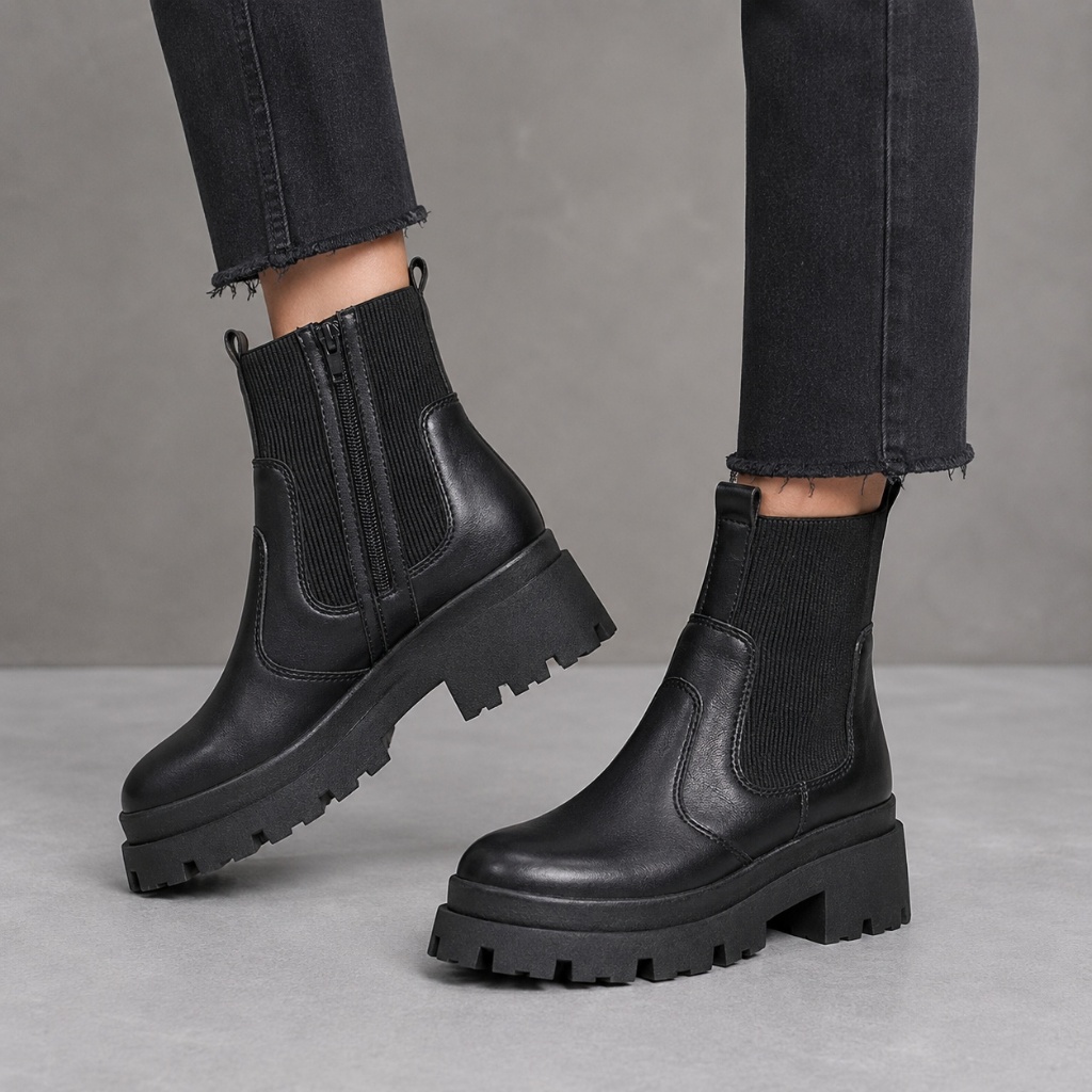 Bota Feminina Tratorada Chelsea Cano Curto Plataforma Zíper Lateral