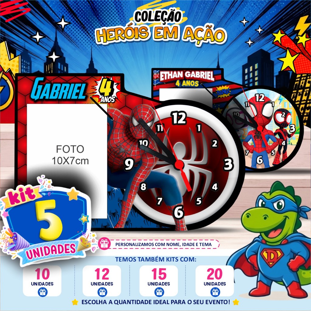 Relógio com Porta-Retrato Personalizado - Homem Aranha, Spider e seus amigos - Lembrancinha Centro de Mesa