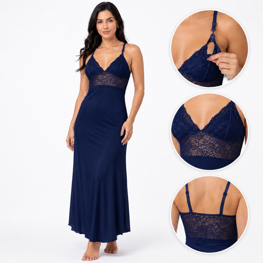 Camisola Amamentação Longa Gestante Pós-Parto Luxo Renda Confortável