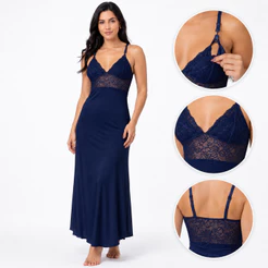 Camisola Amamentação Longa Gestante Pós-Parto Luxo Renda Confortável