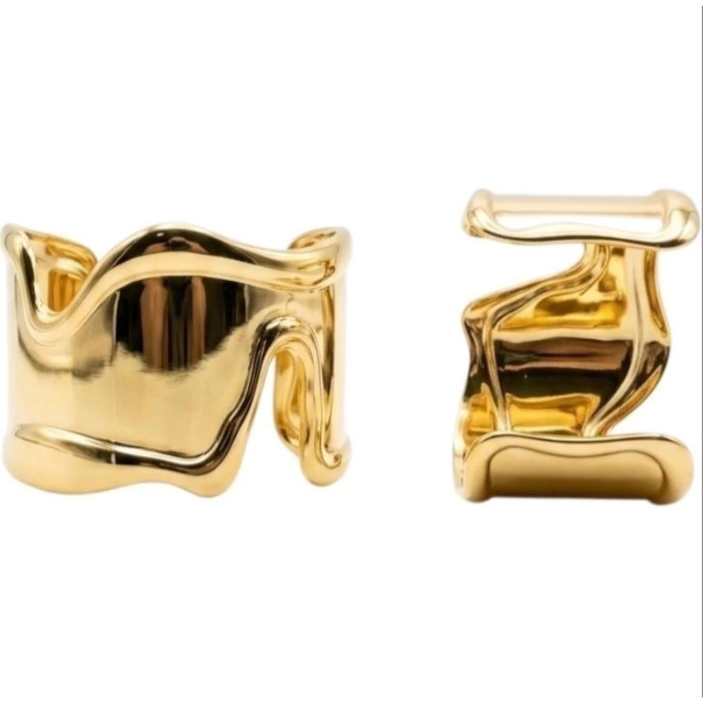 Bracelete Feminino Largo Ondulado Folheado a Ouro 18K Pulseira Dourada Elegante Moderna Luxo