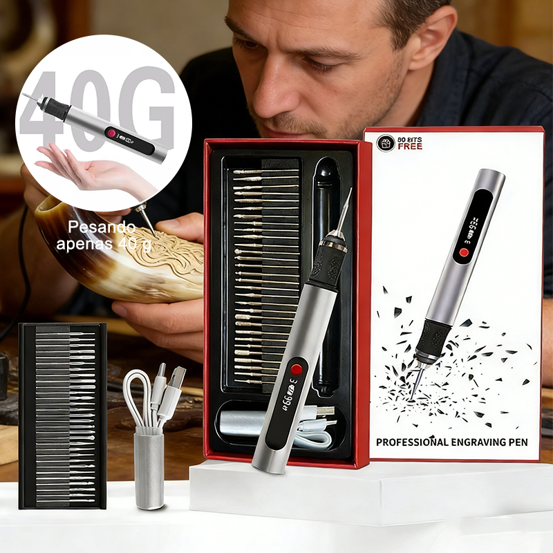 Caneta Gravadora Elétrica Profissional 30 Brocas USB Recarregável Gravar Madeira Metal Vidro 40g