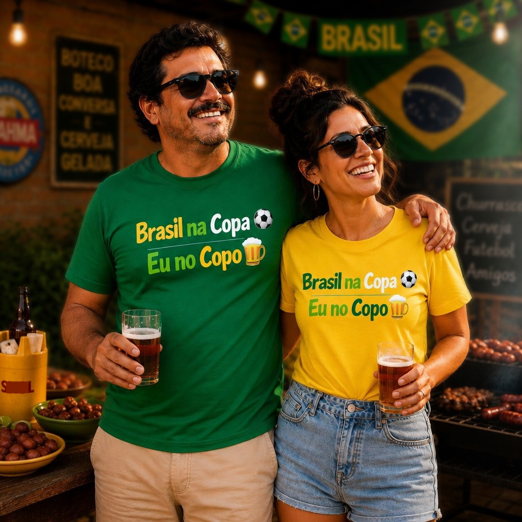 Camiseta Brasil na Copa Eu no Copo Camisa Copa Futebol Torcida 100% Algodão Masculino Feminino