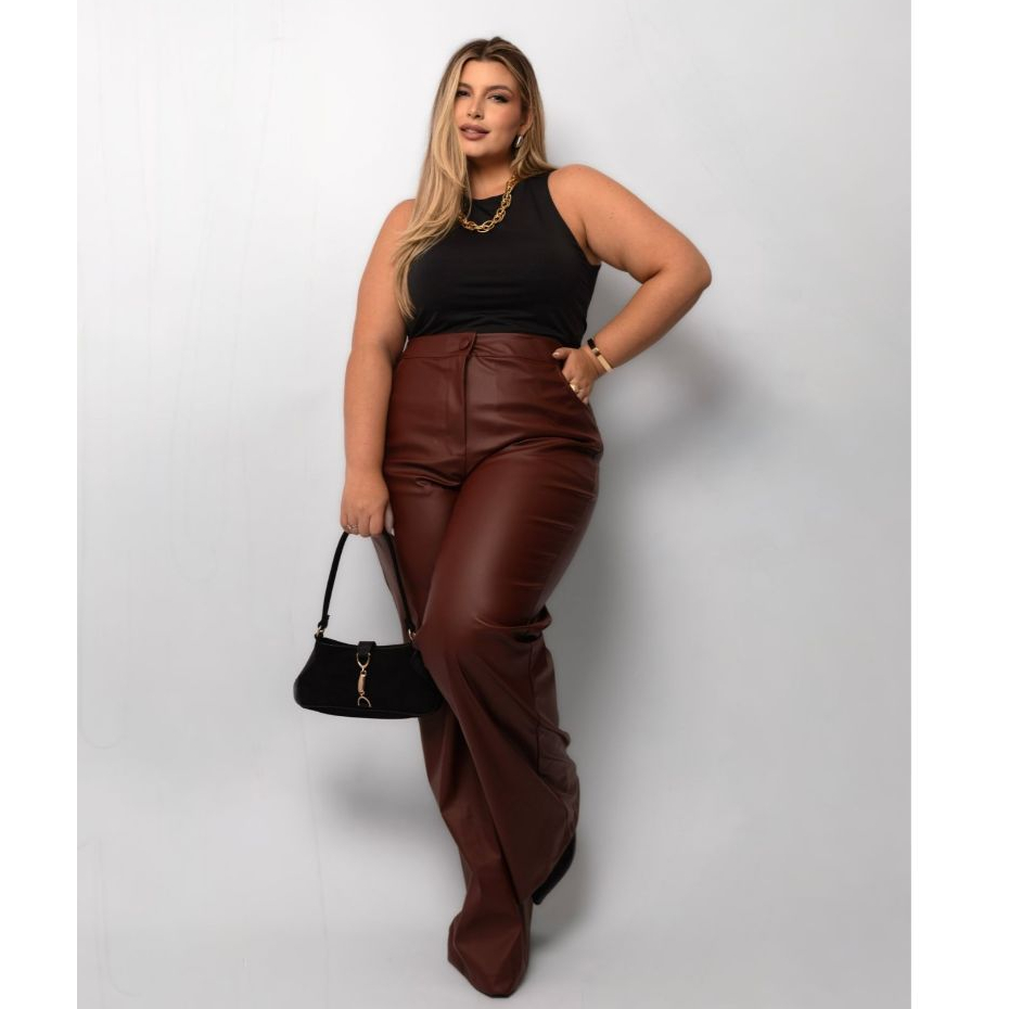 Calça Feminina De Couro Plus Size Pantalona Flare Cintura Alta Com Bolsos Moda Inverno