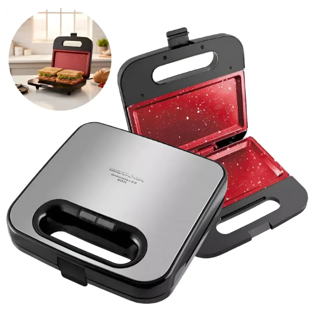 Sanduicheira Grill Eletrica 2 Em 1 Com Revestimento Redstone Chapa Cerâmica BGR16 750W Inox Britânia