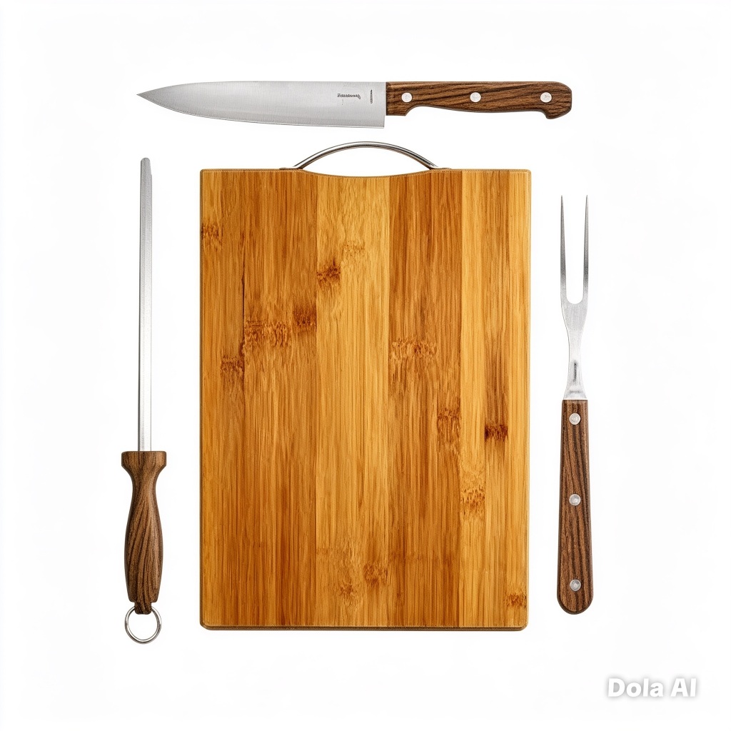 Conjunto para churrasco Garfo/Faca/Chaira + Tábua de Corte em Bambu 32cm x 22cm x 1,5cm