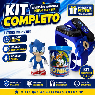 Kit Sonic Infantil Relógio Digital + Caneca + Boneco Presente Criança