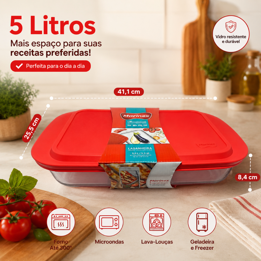 Forma de Vidro Marinex 5 litros com tampa vermelha Assadeira grande resistente fornos e microondas travessa retangular