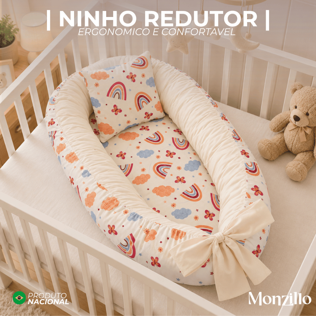 NINHO REDUTOR DE BERÇO BABY PERCAL 100% ALGODÃO COM REFIL ZIPER ESTAMPADO