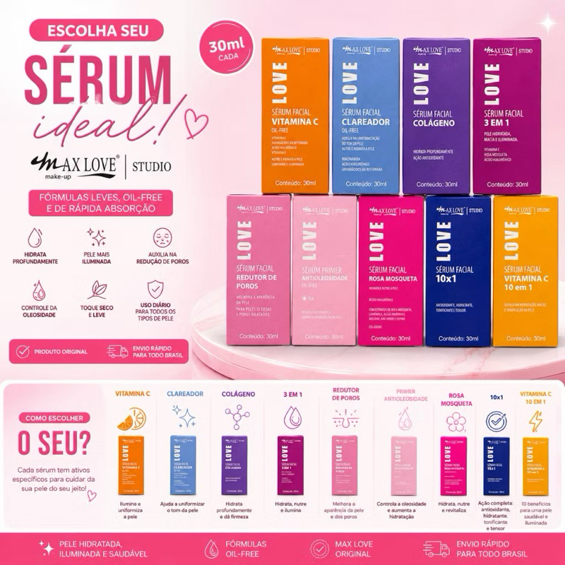 Sérum Facial Max Love 30ml Escolha Sua Versão Vitamina C Clareador Colágeno Rosa Mosqueta Primer