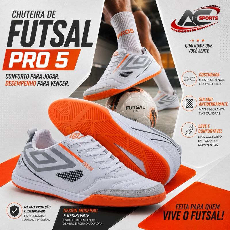 Chuteira/Tenis de  Futsal e Salão PRO 5 Masculino Tecido Reforçado Costurado Sola Antiderrapante