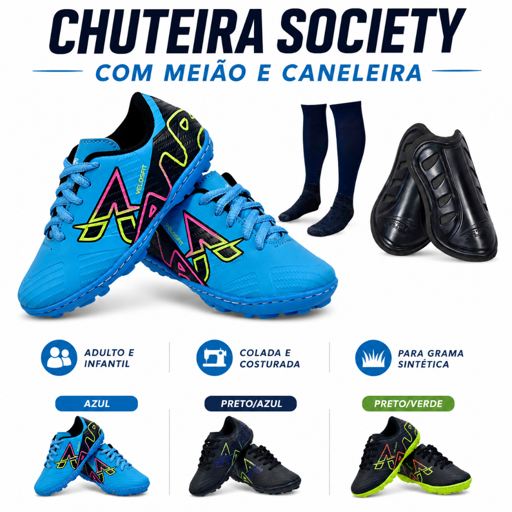 Chuteira Society Infantil VELOSFIT com MEIÃO e CANELEIRA Colada e Costurada 26 ao 33