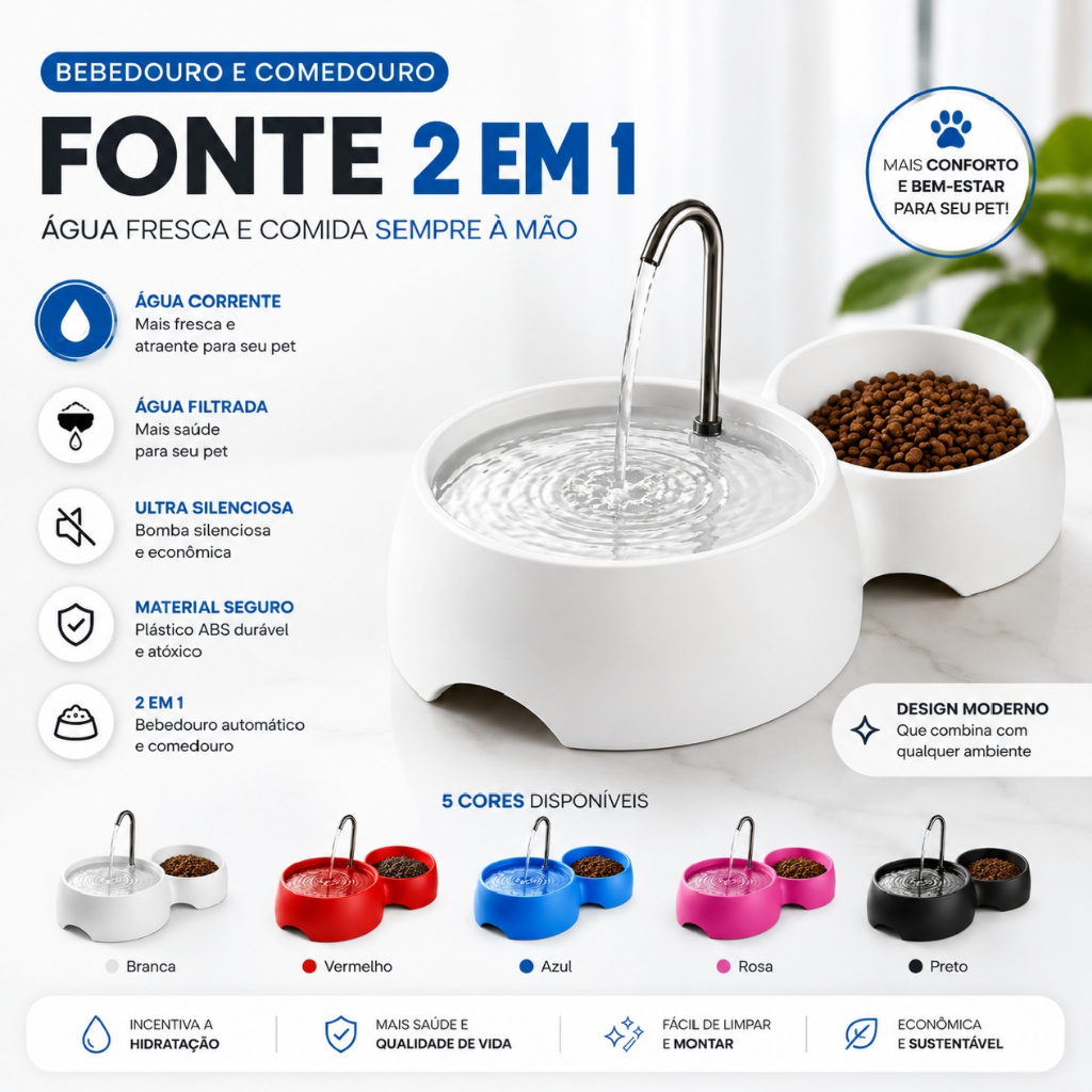 Fonte Bebedouro Cães e Gatos H2O Branca+ Comedouro extra 600ml