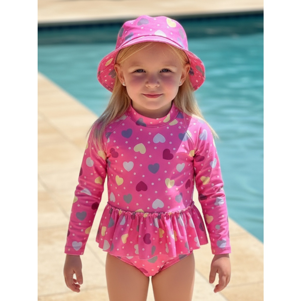 Maiô Infantil Menina Proteção Solar UV Com Chapéu Roupa Praia Menina Bebê Luxo