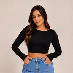 Cropped Feminino Blusa Manga Comprida Sem Bojo Suplex Liso