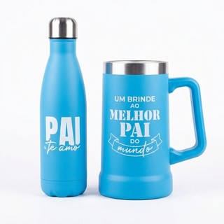 Kit Presente Dia Dos Pais Caneca Térmica 750ml + Garrafa Térmica 500ml Com Caixa Personalizada