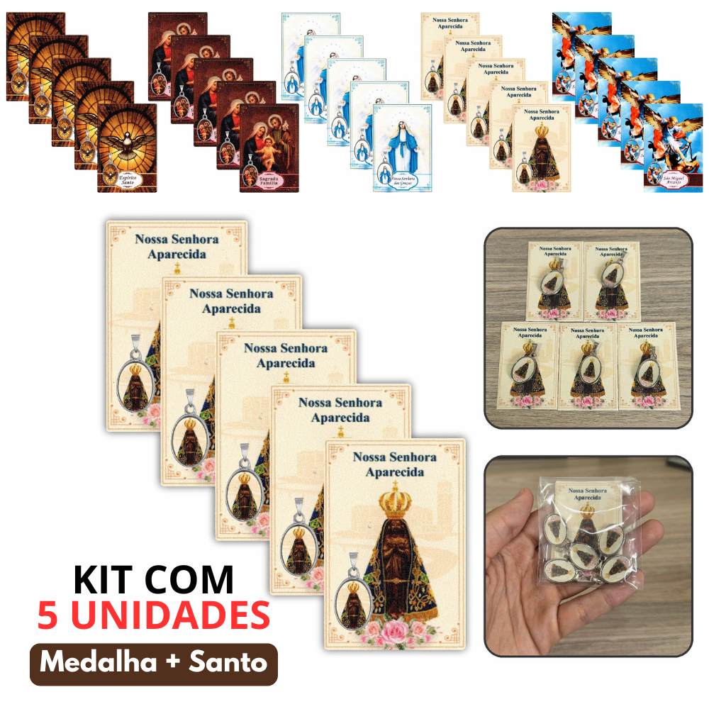 Kit 5 Medalha Pingente Oração Sagrada Família São Miguel Aparecida Lembrancinha Proteção Joia