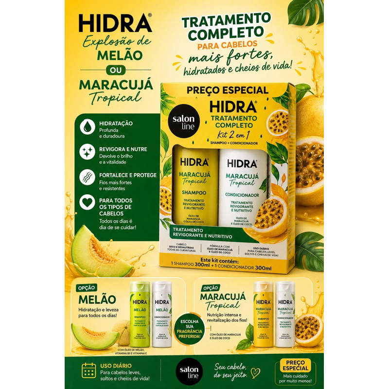 Kit Hidra Salon Line – Melão ou Maracujá | Shampoo + Condicionador 300ml