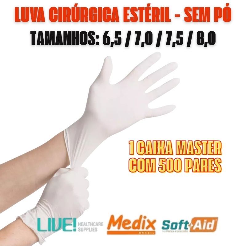 Kit 500 Pares Luva Cirúrgica De Látex Estéril Sem Pó - Tamanhos 6,5 - 7,0 - 7,5 - 8,0 Registro Anvisa e Inmetro