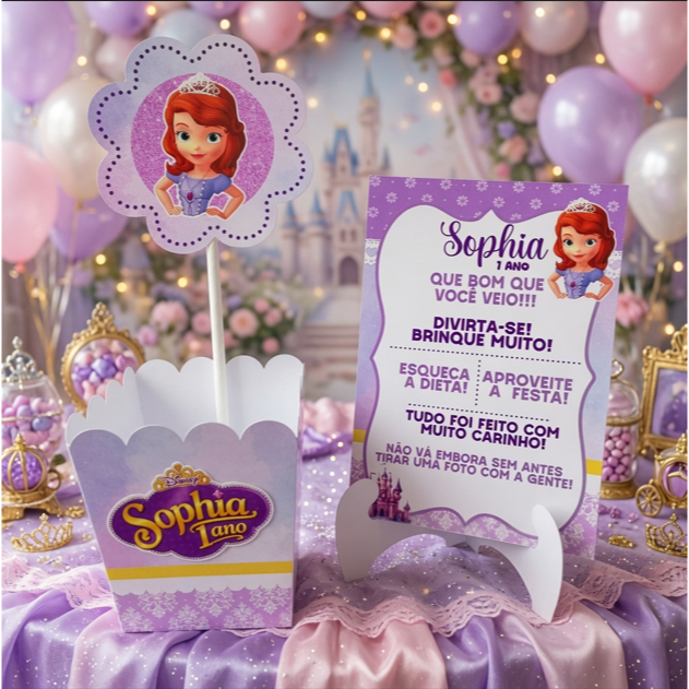 KIT 10/20/30 Centro De Mesa Princesa Sofia Personalizado Cachepô+Plaquinha Lembrancinha Festa
