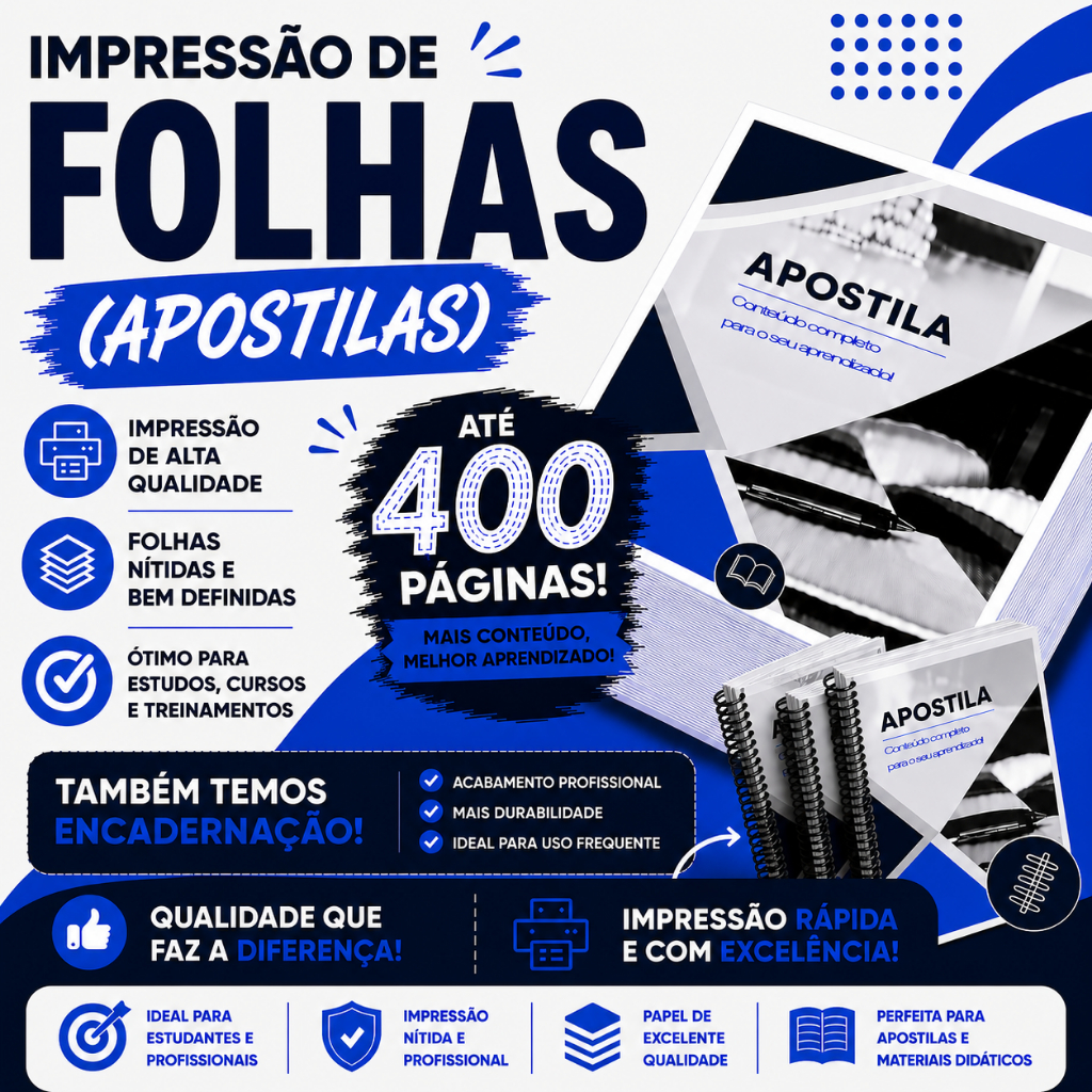Impressão de Apostilas Até 400 páginas - Colorida A4 - Com encadernação - Frente e verso