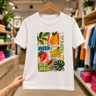 Blusa Feminina Estampa Frutas Tropicais 100% Algodão Manga Curta Casual