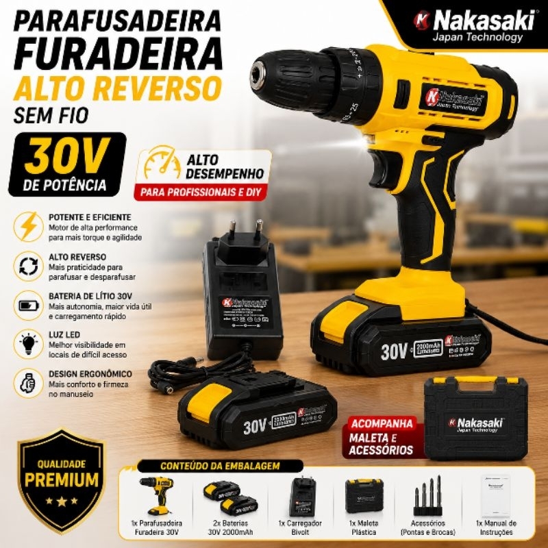Parafusadeira Furadeira Alto Reverso Sem Fio + 2 Baterias 30V Maleta e Acessórios - Envio Imediato