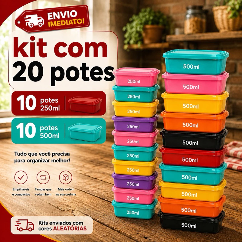 Kit 20 Potes Plásticos com Tampa | 10 Potes 250ml + 10 Potes 500ml | Armazenar alimentos — imagem 1