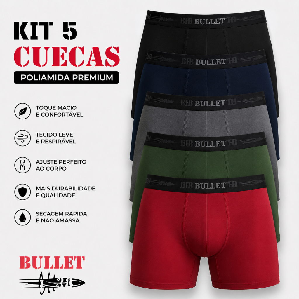 Kit 5 Cuecas Boxer Poliamida Premium – Conforto premium, ajuste perfeito e economia para o dia a dia.