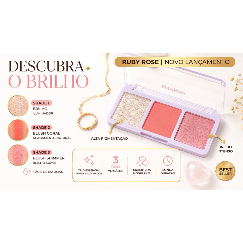 Trio de Blush e Iluminador Ruby Rose Paleta Facial Efeito Glow Original